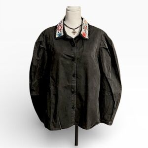 POL Granny Square Collar Black Button-Up Shirt Denim  M NWOT